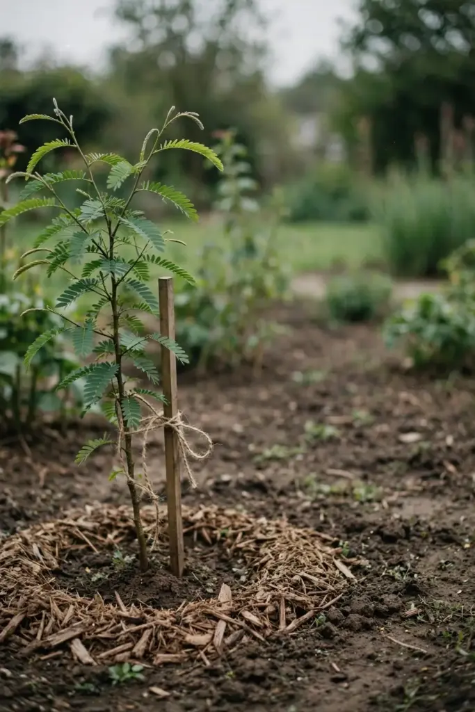 Newly planted young tamarind tree staked in garden soil at planting time