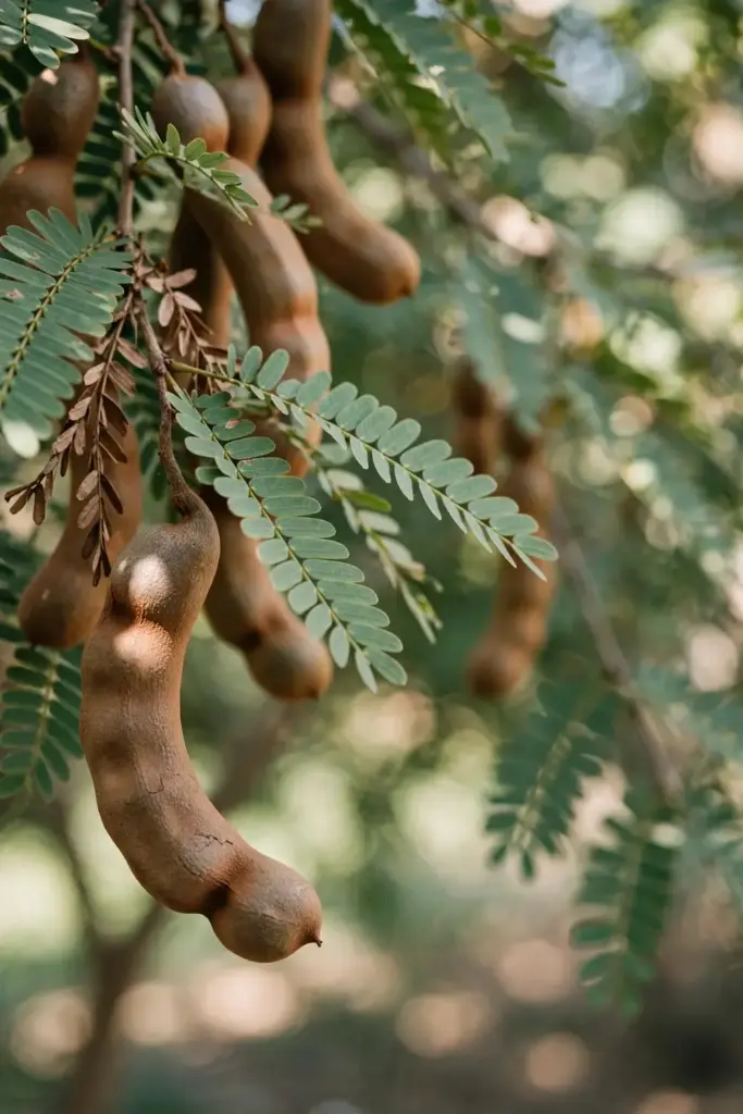 Close-up of true tamarind pods and feathery leaves on the branch