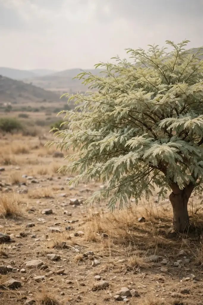 Tamarind tree in a sunny dry landscape with wide spreading crown