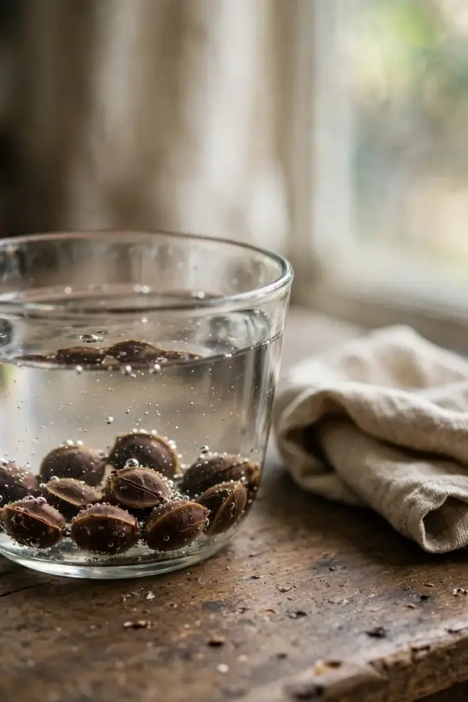 Tamarind seeds soaking in warm water in a glass bowl before sowing
