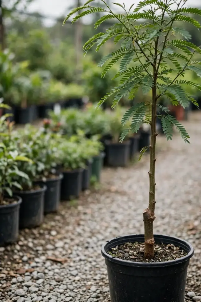 Young grafted tamarind tree in a nursery pot with a straight trunk
