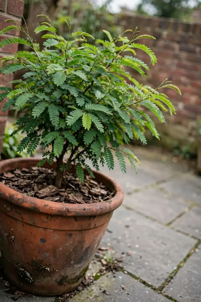 Tamarind tree growing in a large deep container on a sunny patio