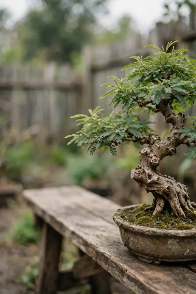 Tamarind bonsai with thick trunk and tiny feathery leaves in a shallow pot