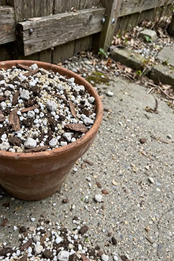 Gritty fast-draining soil mix with perlite and coarse sand in a pot