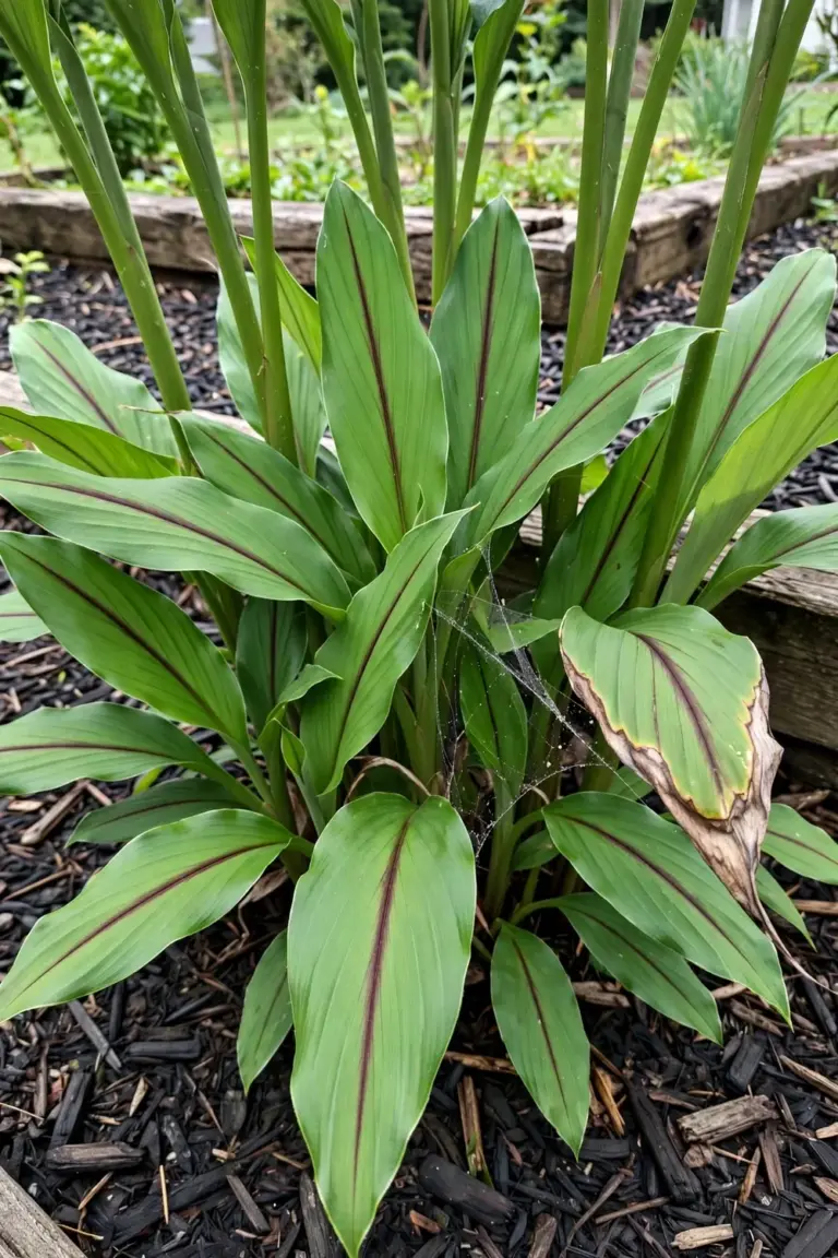 Mature temulawak clump with broad leaves and dark midrib stripes in a mulched bed