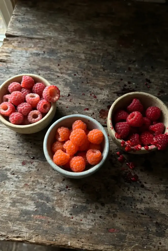 Three small bowls holding thimbleberries, salmon-orange berries, and raspberries side by side
