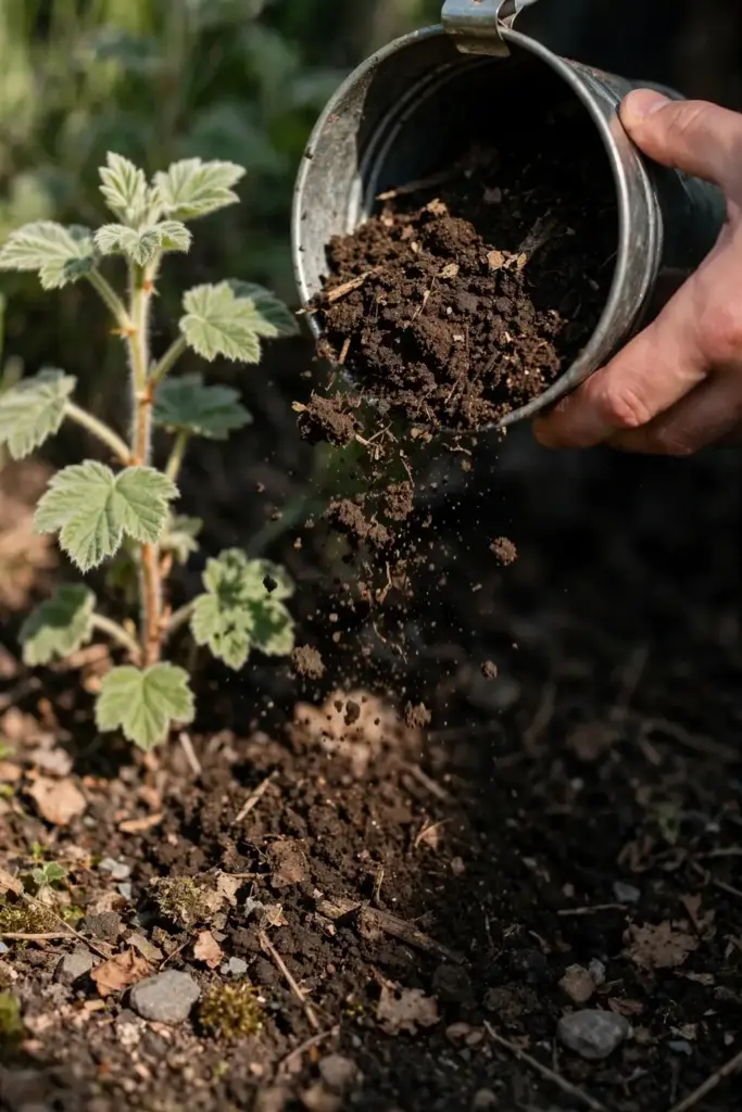 Hand tipping dark compost onto soil around the base of a thimbleberry shrub