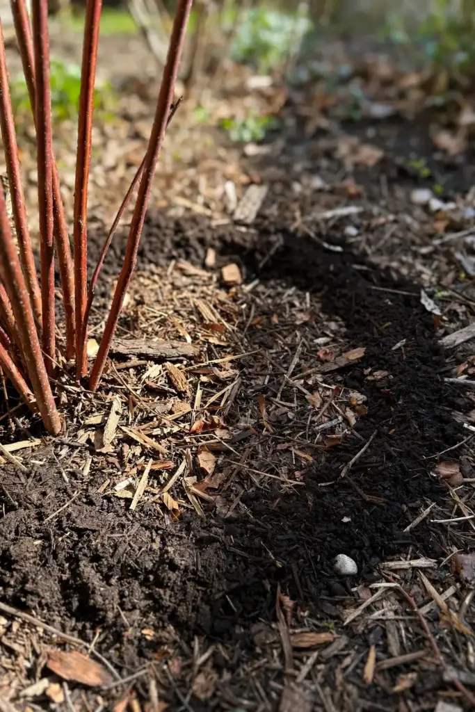 Ring of dark compost top-dressing around thimbleberry stems under leaf mulch