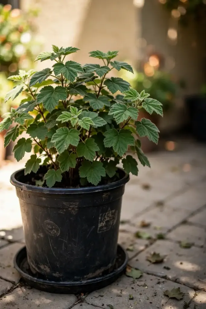 Thimbleberry growing in a large nursery pot on a sunny patio