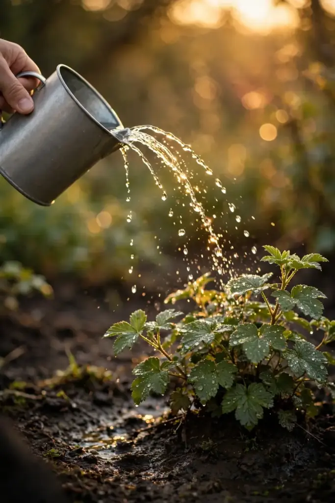 Hand tipping a watering can so droplets arc onto the root zone of a thimbleberry