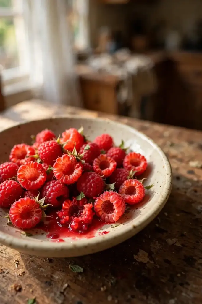 Shallow wide bowl of fresh bright-red thimbleberries ready to eat