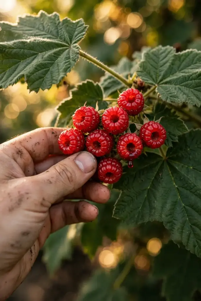 Hand cradling ripe bright-red thimbleberries still on the thornless cane
