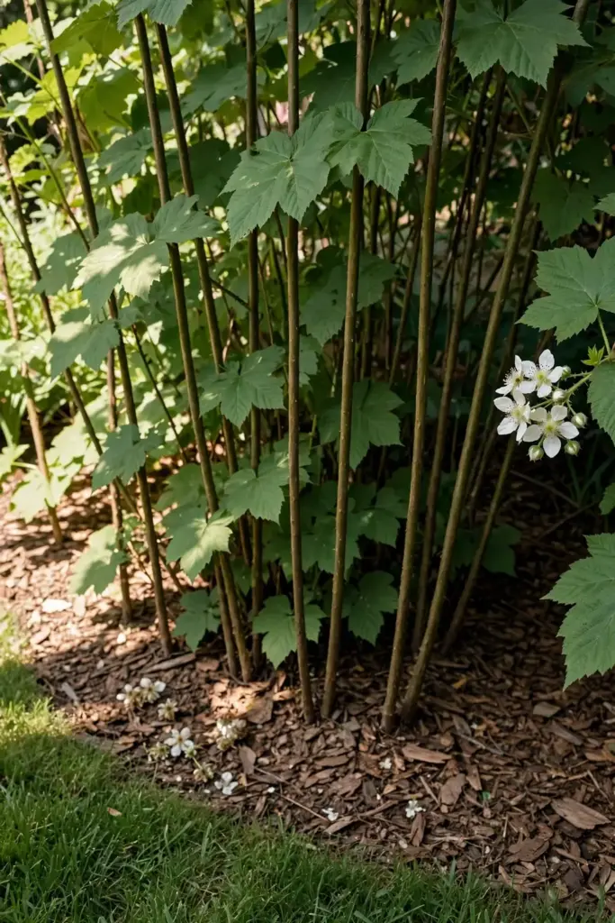 Healthy thimbleberry thicket with white flowers and new green growth in a garden