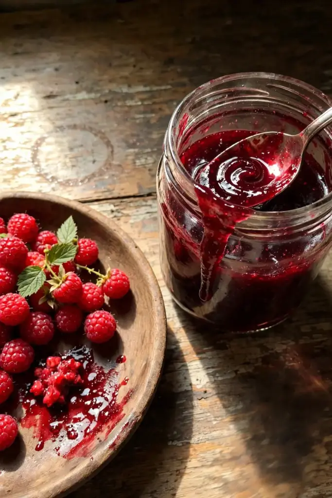 Open jar of red thimbleberry jam beside a shallow bowl of fresh berries