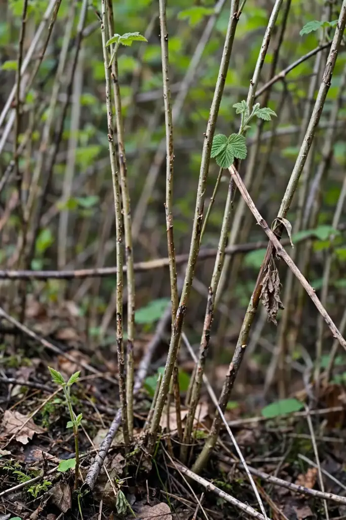Sparse leggy thimbleberry canes with few leaves in a crowded thicket