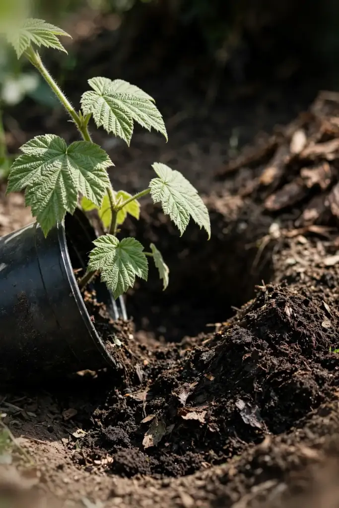 Potted thimbleberry beside a freshly dug planting hole with amended dark soil