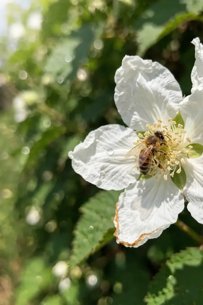 Honeybee visiting a large white five-petaled thimbleberry flower