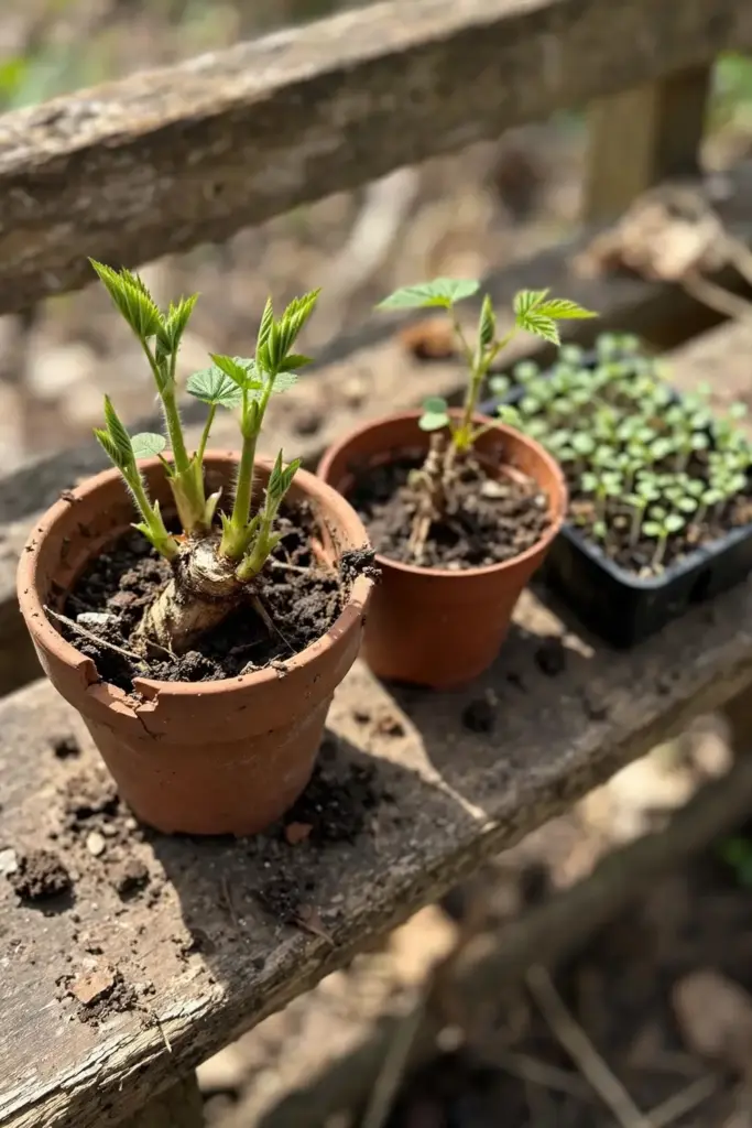 Three pots showing thimbleberry rhizome division, rooted cutting, and seedling side by side