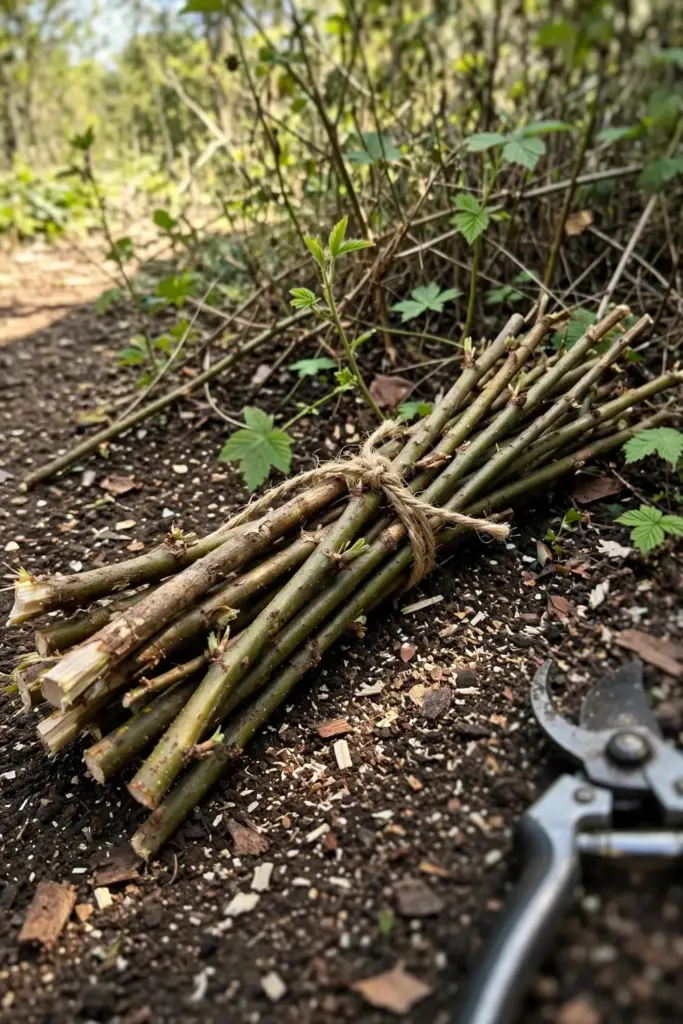 Freshly cut thimbleberry canes bundled beside pruning shears on a garden bed