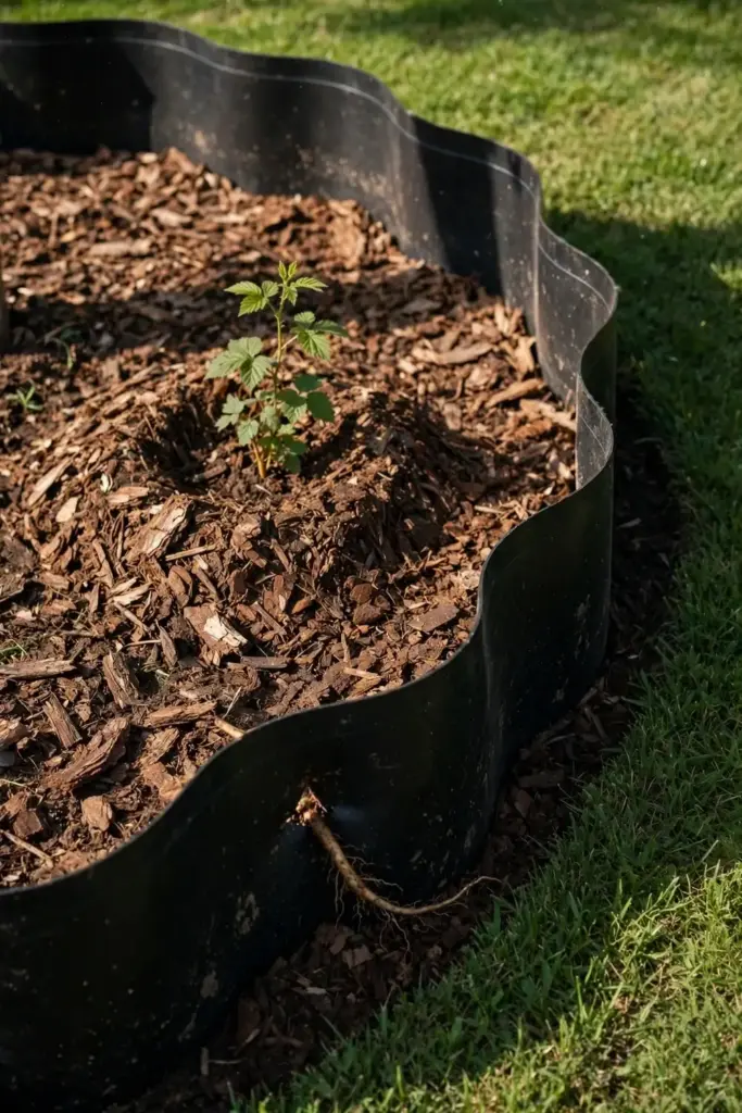 Black HDPE root barrier curving around a mulched thimbleberry bed at planting time