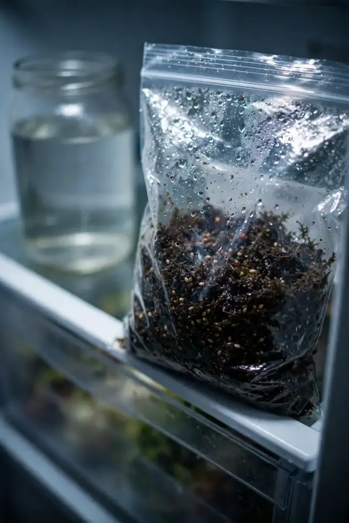 Sealed bag of moist peat with thimbleberry seeds resting on a refrigerator shelf