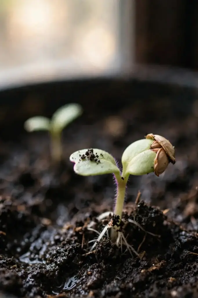 Thimbleberry seedling with two round cotyledons pushing through dark crumbly soil