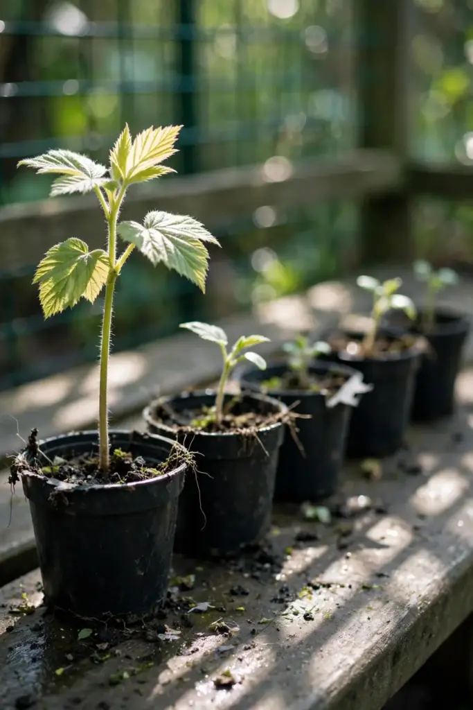 Thimbleberry seedlings at successive growth stages in small pots on a shaded bench