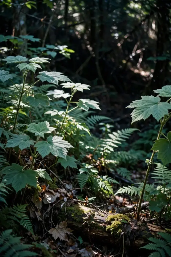 Thimbleberry thicket growing in dappled shade under tall deciduous trees
