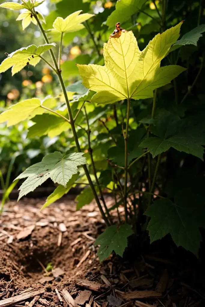 Young thornless thimbleberry shrub with large velvety maple-like leaves in a mulched bed