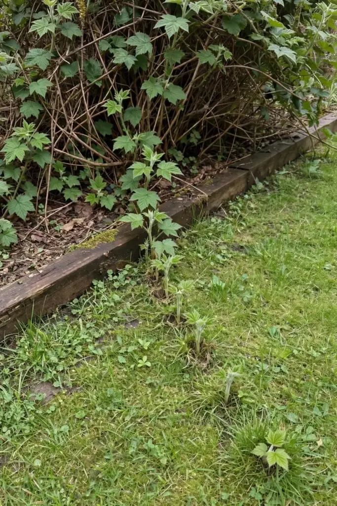 Dense thimbleberry thicket spreading by rhizomes across the edge of a garden bed