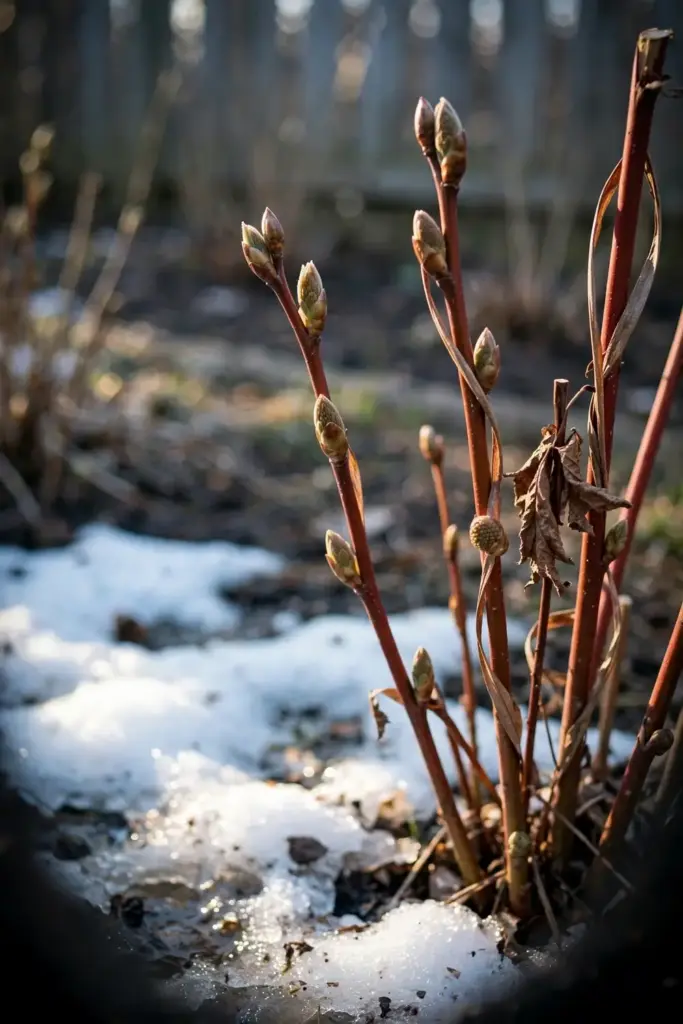Thimbleberry canes with swelling spring buds and a trace of melting snow at the base