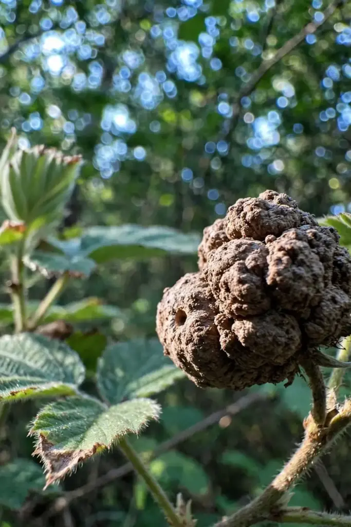 Close-up of a swollen gall on a thimbleberry stem with soft leaves behind