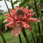 Torch ginger bloom of overlapping waxy red-pink bracts on a tall leafless stalk