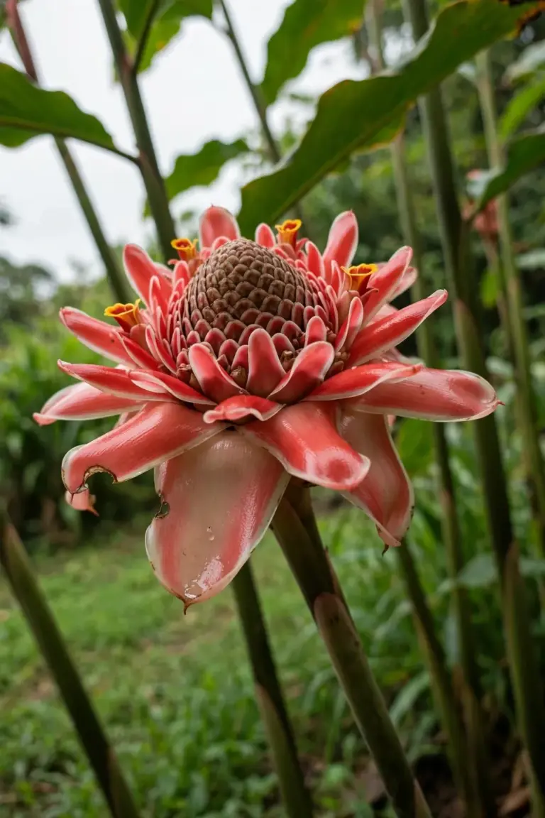Torch ginger bloom of overlapping waxy red-pink bracts on a tall leafless stalk