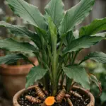 Potted turmeric plant with broad arching leaves and rhizome fingers at the soil surface