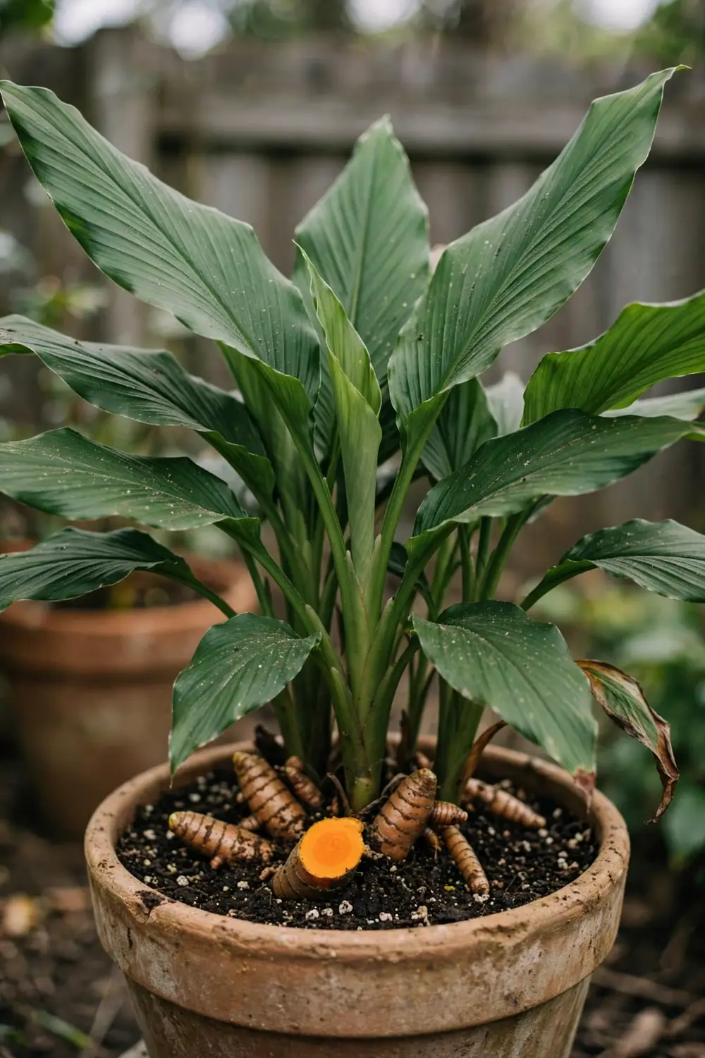 Potted turmeric plant with broad arching leaves and rhizome fingers at the soil surface