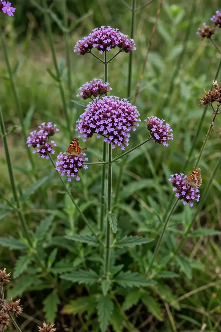 Tall verbena drift with purple flower clusters floating on wiry stems above a garden border