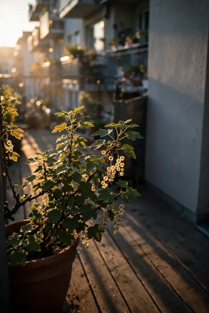 Potted currant bush on an east-facing balcony in morning light