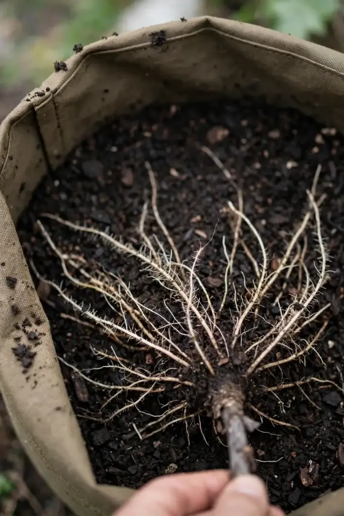 Hand spreading bare currant roots over potting mix in a pot