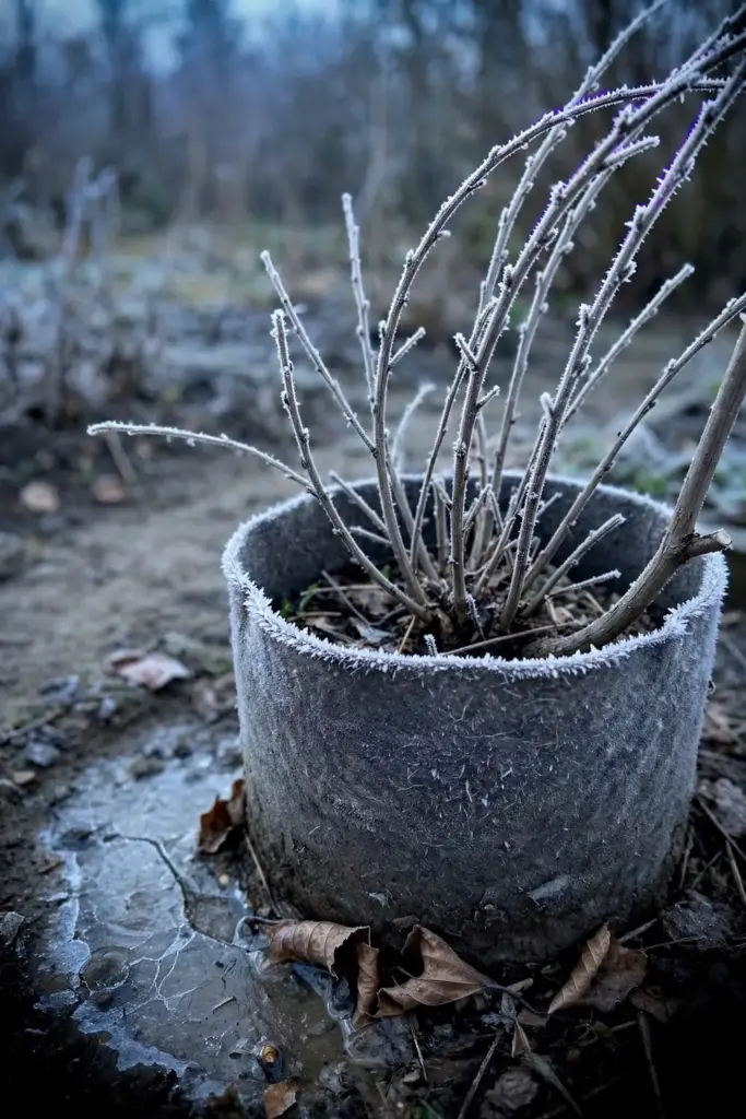 Dormant potted currant bush with frost on bare branches
