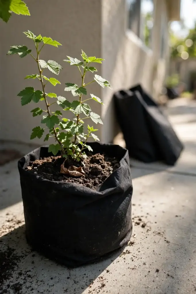 Young currant bush in a 10-gallon fabric pot on a patio