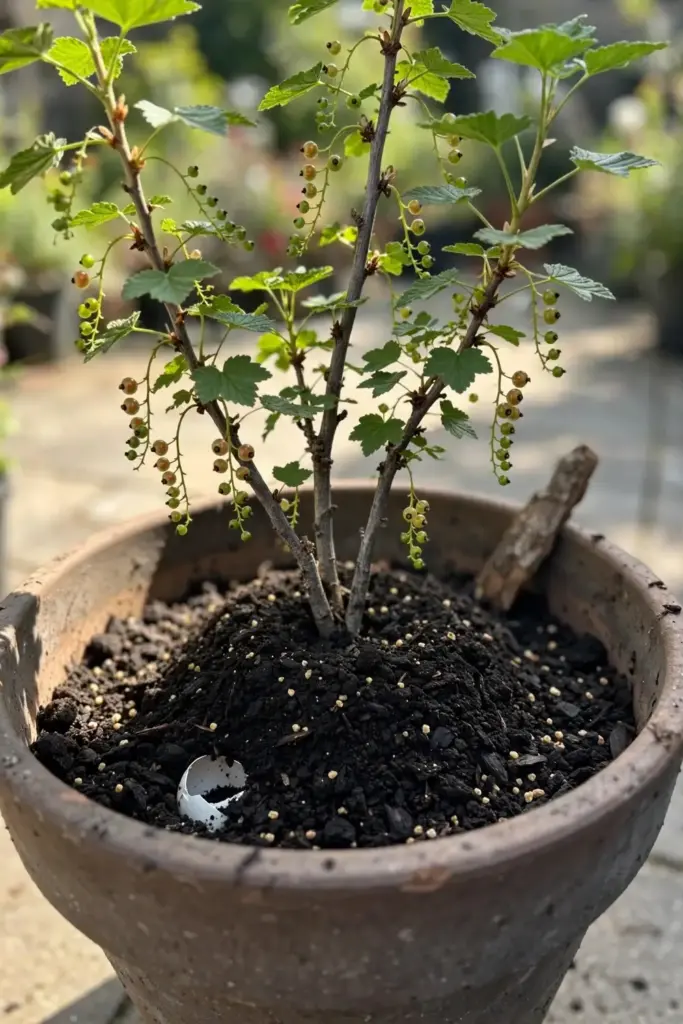 Compost mulch spread around the base of a potted currant bush