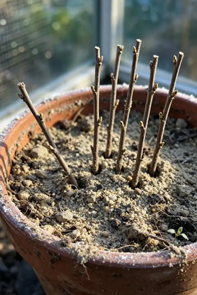 Hardwood currant cuttings pushed into a pot of gritty compost