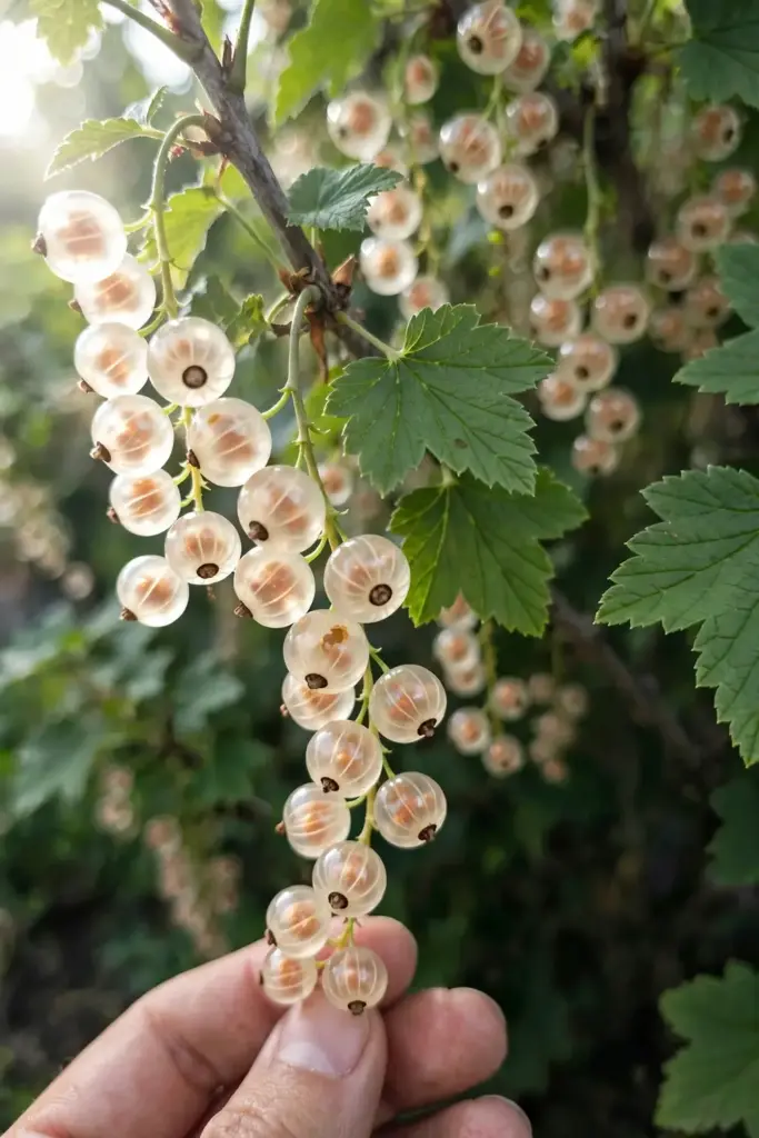 Hand holding a strig of translucent white currants still on the bush