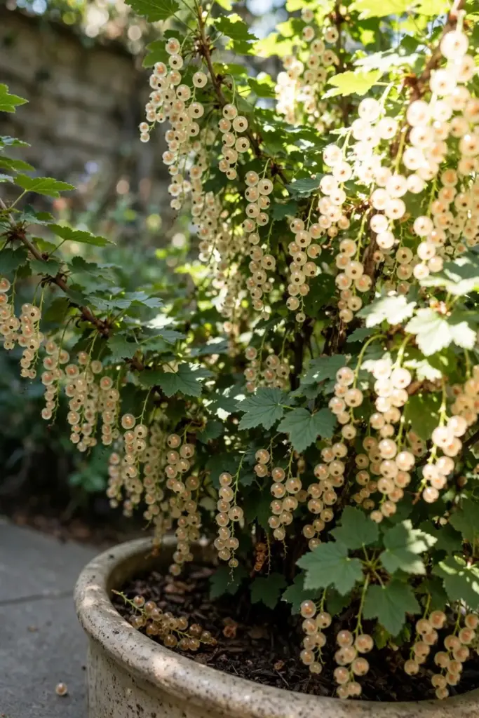 Mature potted white currant bush heavy with ripe berry strigs