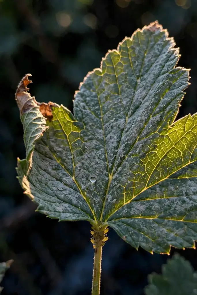 Close-up of a currant leaf with powdery mildew coating