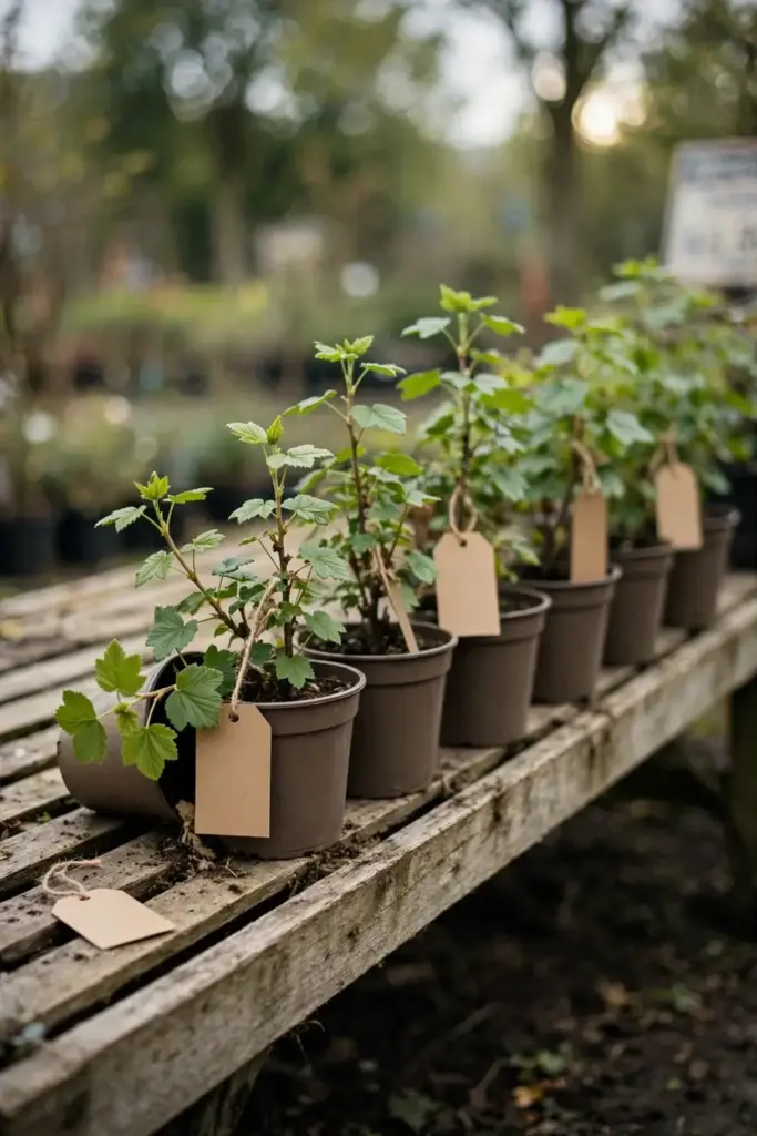 Potted currant plants on a nursery bench with plant tags