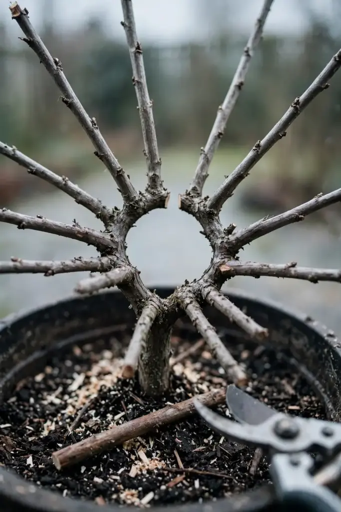 Dormant currant bush pruned to an open goblet shape in winter