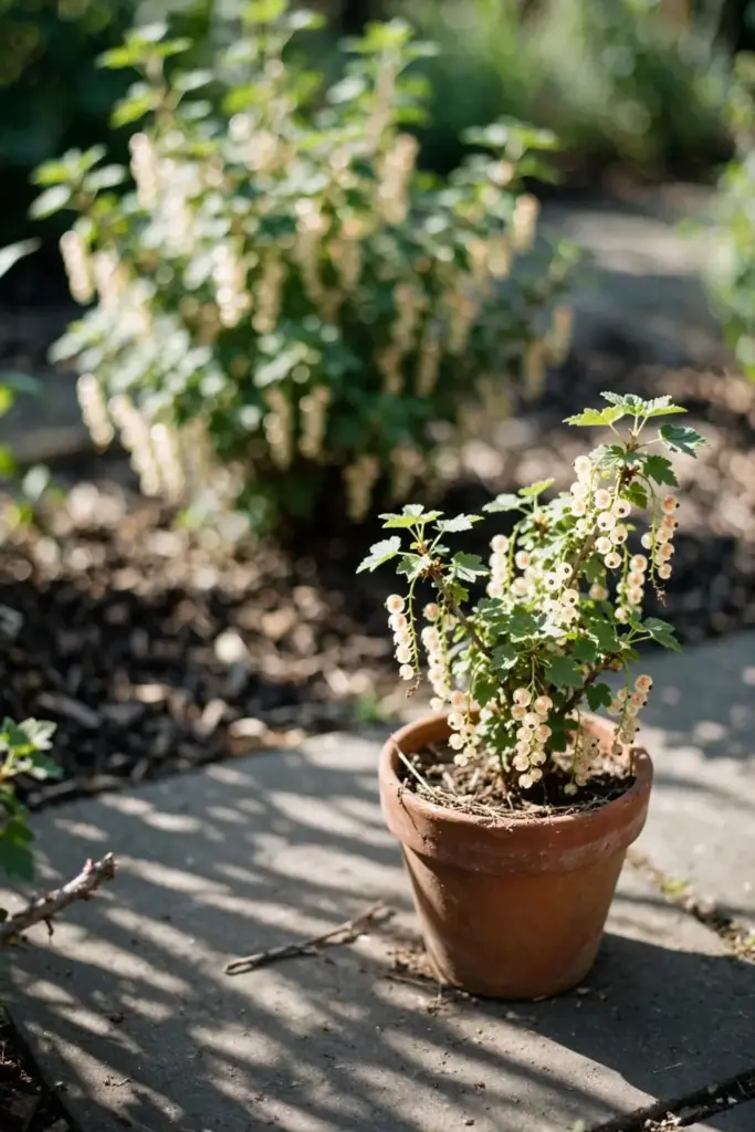 Potted currant bush in front of a garden bed with another currant bush