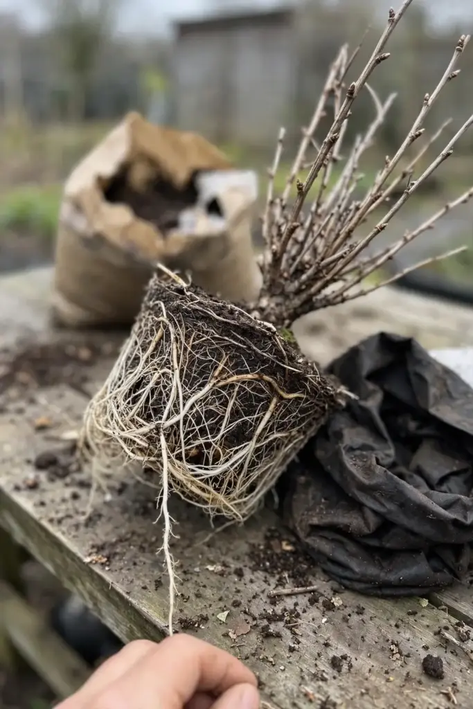 Currant root ball lifted from a pot for repotting